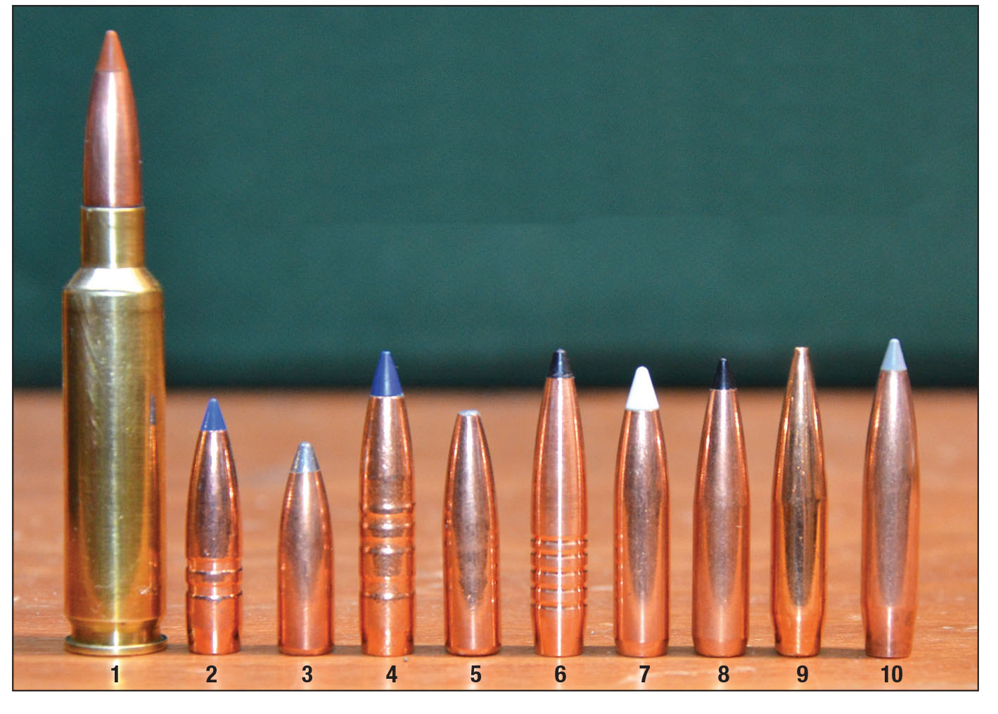 Suitable bullets with a 260 Remington Improved loaded round are: (1) 100 Barnes TTSX BT, (2) 100 Nosler Partition, (3) 120 Lapua TRX, (4) 120 Swift A-Frame, (5) 130 Lehigh Defense TME, (6) 130 Nosler AccuBond, (7) 130 Swift Scirocco II, (8) 140 Berger VLD Target and (9) 142 Nosler AccuBond LR.